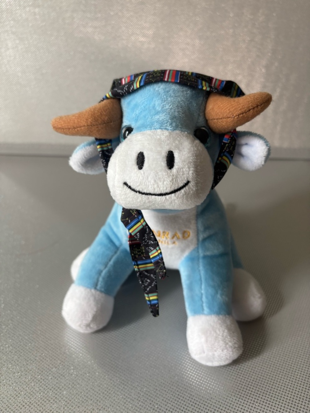 Hilton Conrad Manila Philippines Blue and White Bull Plush Mask 8"